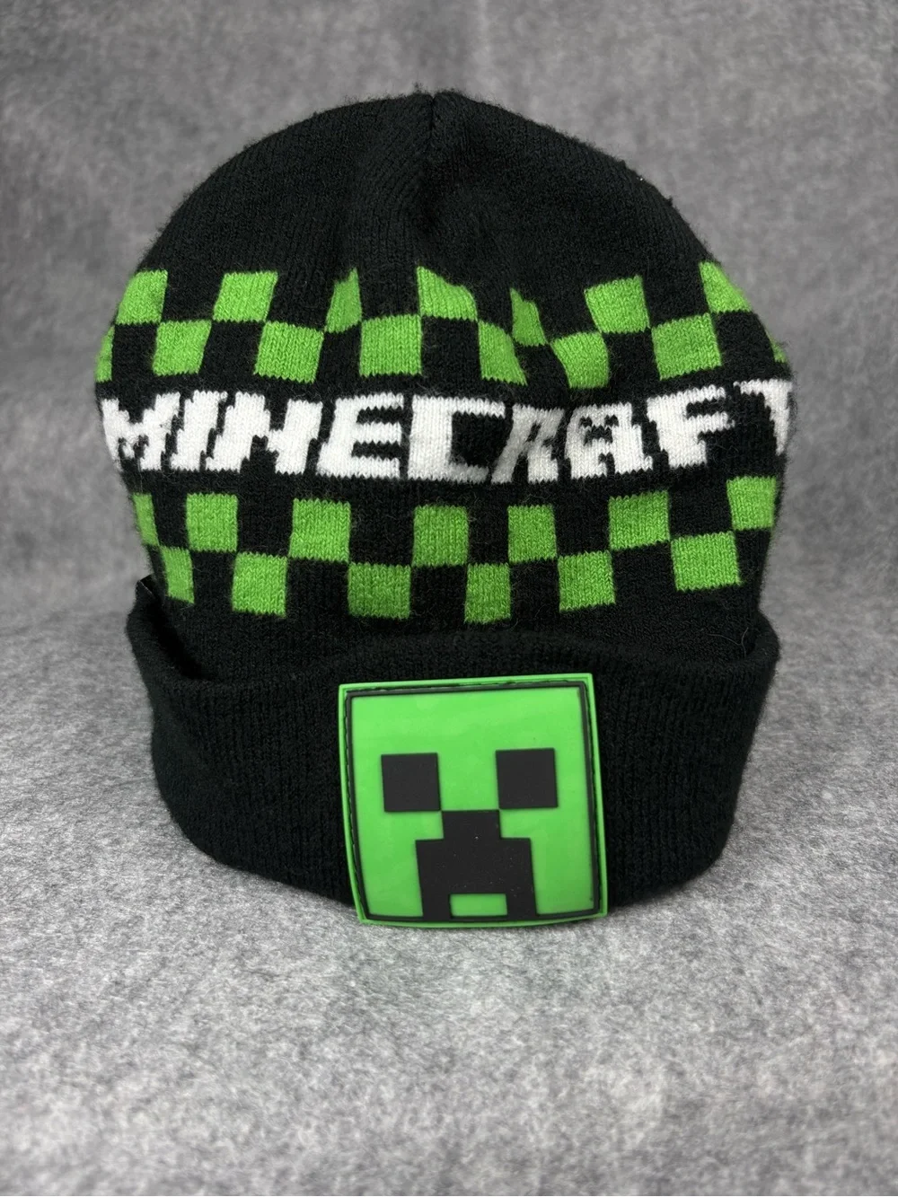 Official Minecraft Creeper Knit Beanie Green Black Checkerboard OSFM